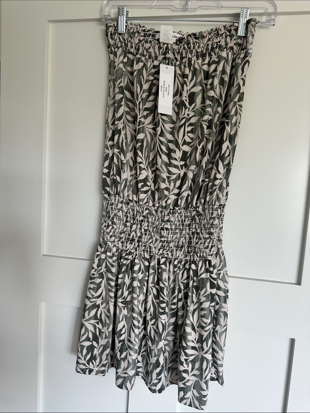 Ariella Strapless Smocked Leaf-Print Dress in green and White